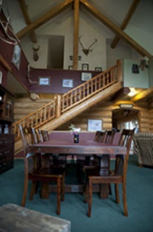 Beautiful log staircase in our Alaskan fishing lodge